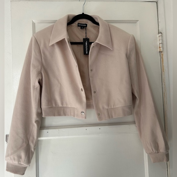 NWT Stone Beige Shoulder Padded Wool Look Cropped Bomber Jacket - Picture 7 of 11